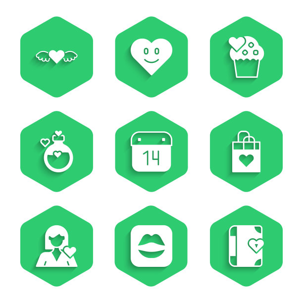 集日历与2月14日，微笑的嘴唇，爱情日记，购物袋心，浪漫的女孩，瓶子爱情药水，婚礼蛋糕和心翼图标。向量图片下载