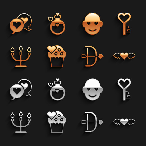 设置婚礼蛋糕，钥匙心形，心与翅膀，弓和箭，烛台，浪漫的男人，言语泡沫和瓶子爱情药水图标。向量图片下载