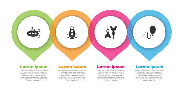 设置潜艇玩具，火箭船，飞镖箭和气球。业务信息模板。向量图片下载