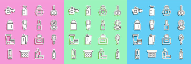 设置线霜或乳液化妆品管，手镜，化妆粉，香水，浮石脚，止汗除臭卷，和口红图标。向量图片下载