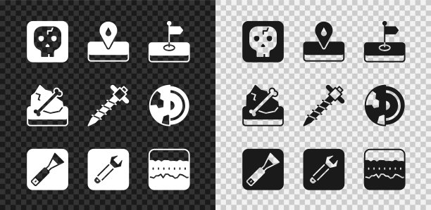 设置考古学，油田，旗帜，油漆刷，扳手扳手，土壤地层，施工手提钻图标。向量图片下载