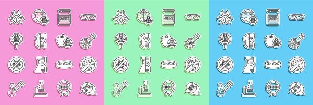 设置线DNA符号，细菌培养皿，转基因橙，转基因，肉类，生物危害和放大镜，和苹果图标。向量图片下载