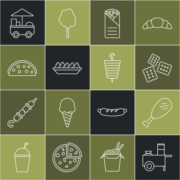 设置线快速街头食品车，鸡腿，饼干，多纳烤肉串，烤干酪辣味玉米片在盘子，墨西哥玉米粉圆饼，和烤shish图标。向量图片下载
