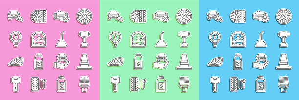 设置线汽车空气滤清器，交通锥，变速杆，检查发动机，汽车汽油表，轮胎压力，在线汽车共享和罐电机机油图标。向量图片下载