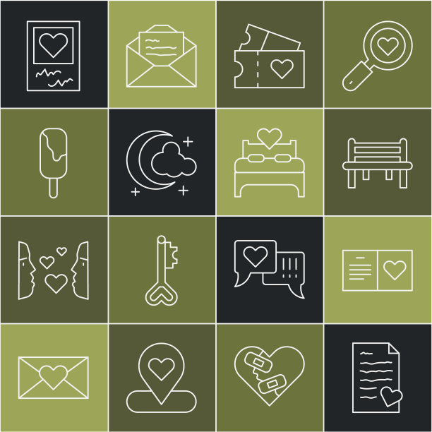 集线信封与情人节的心，情人节派对传单，浪漫长椅，爱情票，月亮和星星，冰淇淋，相框心和卧室图标。向量图片下载