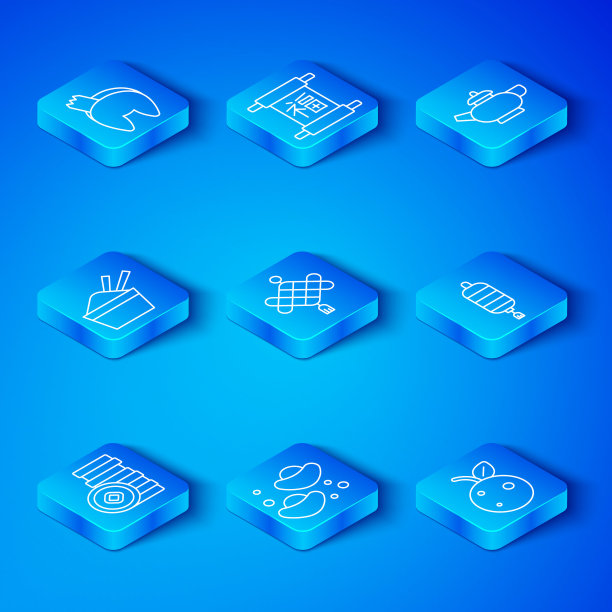 设置线人民币，纸灯笼，幸运饼干，茶道，冰碗与筷子，桃桃油桃图标。向量图片下载