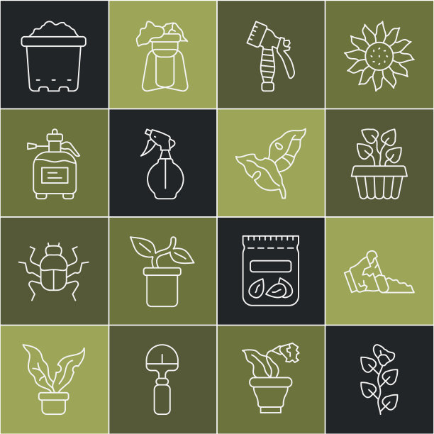 设置线常春藤枝，破碎的花盆，室内植物常春藤，水喷瓶，花园喷雾器肥料，花盆土壤和热带叶图标。向量图片下载