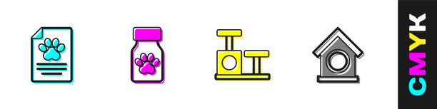 集宠物医疗记录、药瓶和药丸、猫抓贴玩具和狗屋图标。向量图片下载