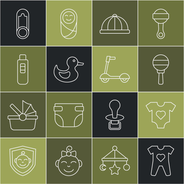 设置线婴儿服装，拨动婴儿玩具，帽子，橡皮鸭，验孕棒，别针和滑板车图标。向量图片下载