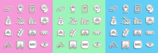 Set line Eye with dollar, Gold ring, bars, 24k, mining, Old money bag, and Falling arrow Gold icon。向量图片下载