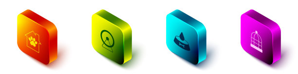 设置等距宠物屋，仓鼠轮，食物碗猫或狗和笼鸟图标。向量图片下载