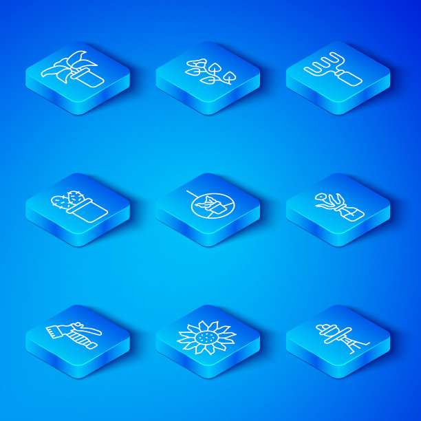 设置线水喷瓶，植物在悬挂花盆，花，玻璃，花园耙子，仙人掌仙人掌，热带植物和桌上的图标。向量图片下载