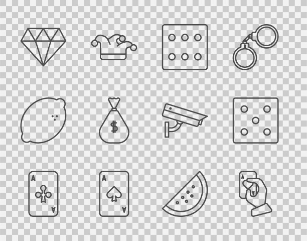 集线扑克牌与俱乐部，手握扑克牌，游戏骰子，黑桃，钻石，钱袋，赌场老虎机西瓜和图标。向量图片下载