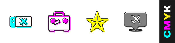 设置机票，手提箱，海星和语音气泡与飞机图标。向量图片下载
