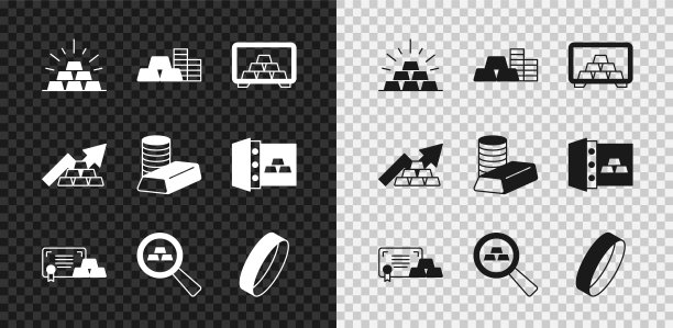 设置金条，金币，保险箱，证书，戒指，增长箭头和图标。向量图片下载