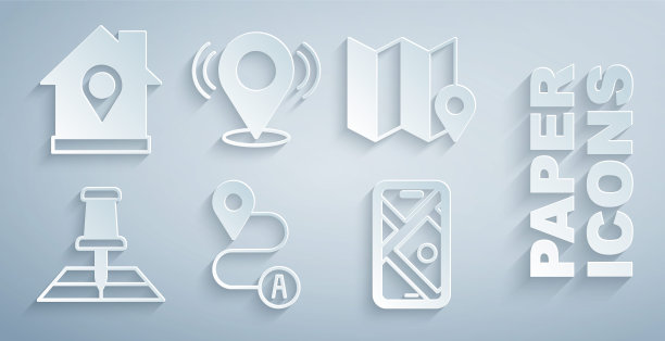 设置路线位置，折叠地图与标记，城市导航，地图针和位置房子图标。向量图片下载