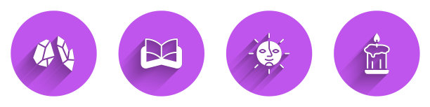 设置魔法石，古老的魔法书，太阳和燃烧的蜡烛图标与长阴影。向量图片下载