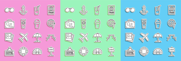 设置道路交通路标，野餐桌椅，全球飞行飞机，鸡尾酒和酒精饮料，防晒霜管，手提箱，眼镜和冰华夫饼锥体图标。向量图片下载