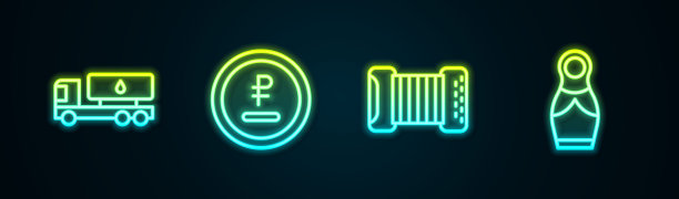 集油罐车、卢布、卢布、手风琴和俄罗斯套娃于一体。发光的霓虹灯图标。向量图片下载