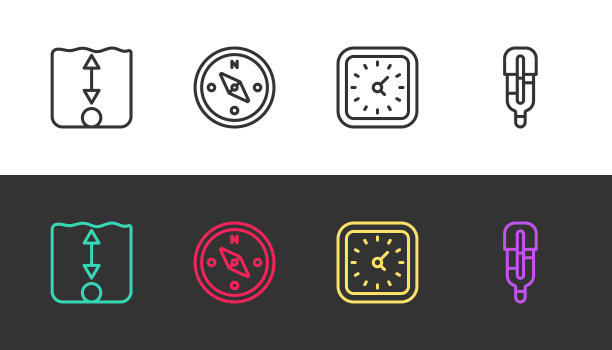 设置线深度测量，指南针，时钟和医疗温度计在黑色和白色。向量图片下载