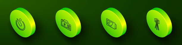 设置等距线相机定时器，照片相机，电池和图标。向量图片下载