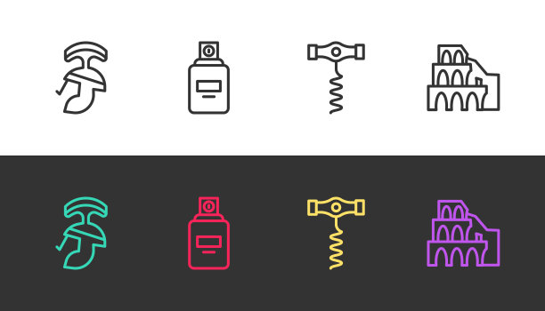 设置线罗马军队头盔，香水，葡萄酒开瓶器和罗马竞技场在黑色和白色。向量图片下载