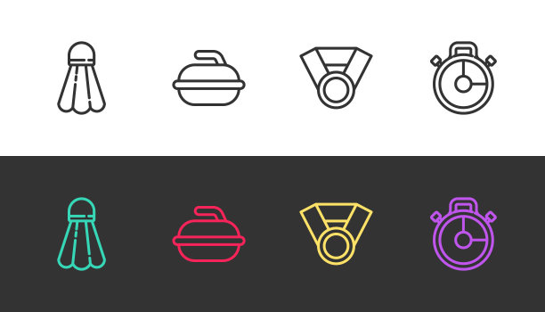 羽毛球羽毛球，冰壶运动的石头，奖牌和秒表上的黑白。向量图片下载