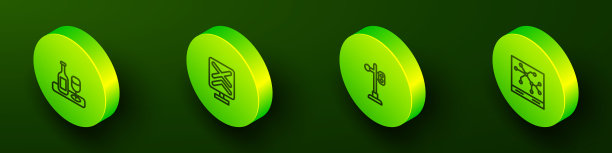 设置等距线玻璃酒瓶，铁路道口，火车交通灯和铁路地图图标。向量图片下载