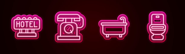酒店、电话、浴缸、马桶等。发光的霓虹灯图标。向量图片下载