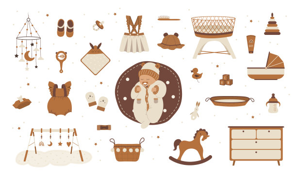 波西米亚婴儿护理用品。可爱的新生儿睡觉。儿童用的老式木制玩具。手绘元素的苗圃装饰。矢量插图在平面卡通风格图片下载