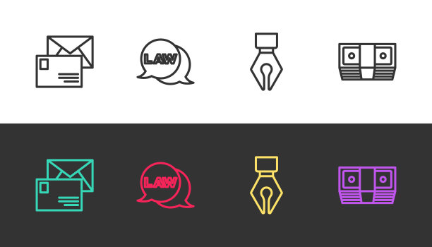 信封、法律、钢笔尖与贿赂现金黑白矢量素材图片下载