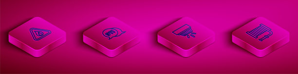 设置等距线三角形火焰，拨打911电话，烟雾报警系统和软管卷轴图标。向量图片下载