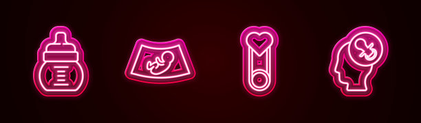设有婴儿奶瓶、婴儿超声波、衣夹、奶嘴。发光的霓虹灯图标。向量图片下载