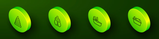 设置等距线金字塔玩具，婴儿奶瓶，婴儿车和浴缸图标。向量图片下载