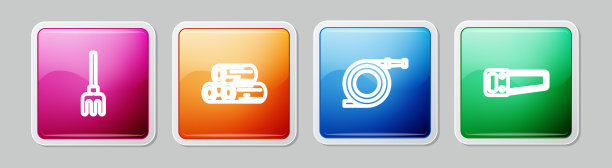 设置线花园耙子，木材，软管或消防软管和手锯。丰富多彩的广场按钮。向量图片下载