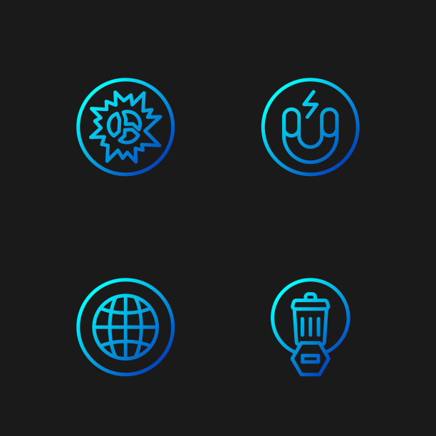 设置垃圾桶，社交网络，炸弹爆炸和磁铁。渐变颜色图标。向量图片下载