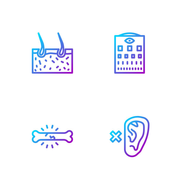 设置线耳聋，骨痛，毛发覆盖皮肤和眼睛测试图表。渐变颜色图标。向量图片下载