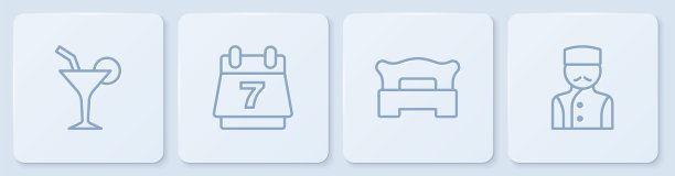 提供鸡尾酒，卧室，酒店预订日历和礼宾服务。白色正方形按钮。向量图片下载