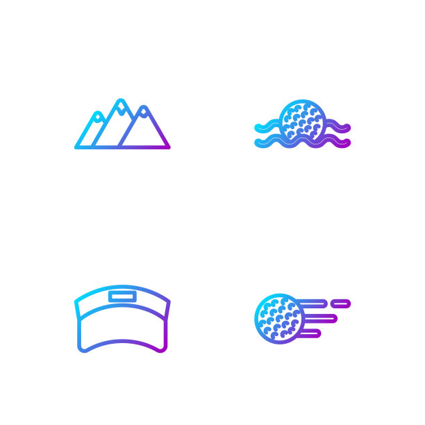 设置线高尔夫球，遮阳帽，山和水。渐变颜色图标。向量图片下载