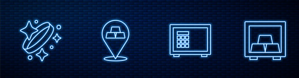 Set line Safe, Gold ring, bars and with Gold。砖墙上闪烁的霓虹灯图标。向量图片下载
