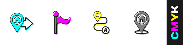 设置位置与房子，旗帜，路线位置和图标。向量图片下载