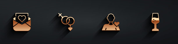 设置信封与情人节的心，性别，浪漫的男人和香槟图标与长阴影的玻璃。向量图片下载