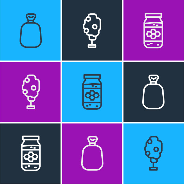 集线满袋，蜂蜜罐和树与苹果图标。向量图片下载