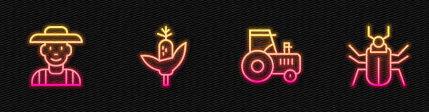 设置线拖拉机，农民在帽子，玉米和昆虫飞。发光的霓虹灯图标。向量图片下载
