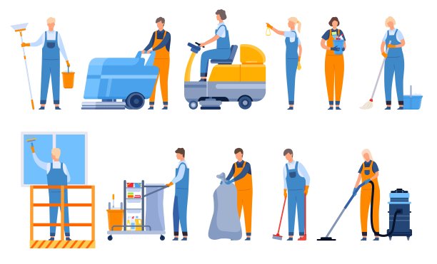 公司专业工人配备清洁设备、吸尘器和清扫机。窗口清洗。字符拖把，扫帚和桶向量集图片下载