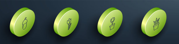 设置等距线橡子，郁金香，在花盆和植物图标。向量图片下载