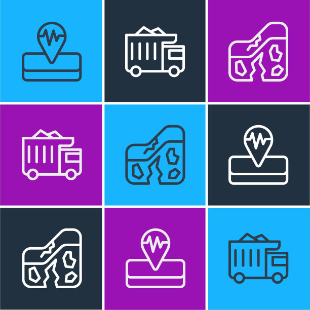 设置线路地震、地质断层和矿用自卸车图标。向量图片下载