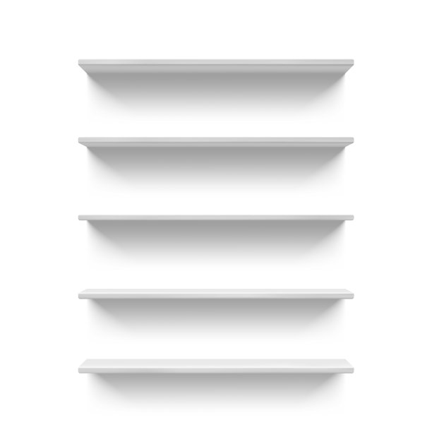 现实的空白色商店或商店书架上的书。3D零售墙货架显示前视图。超市货架向量模拟。图片下载