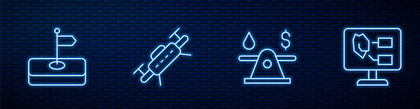设置线石油钱，旗帜，无人机和土壤分析。砖墙上闪烁的霓虹灯图标。向量图片下载
