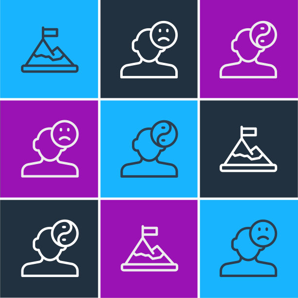 在山顶设置线山和旗帜，阴阳象征和悲伤和沮丧的人，坏心情的象征。向量图片下载